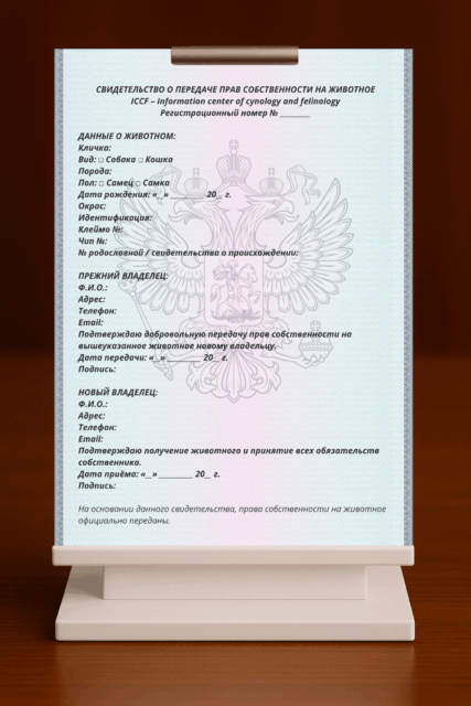 СВИДЕТЕЛЬСТВО О ПЕРЕДАЧИ ПРАВ СОБСТВЕННОСТИ НА ЖИВОТНОЕ